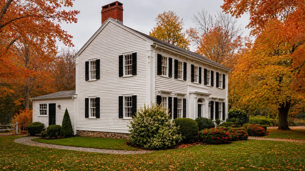 A white house with black shutters and a chimney surrounded by colorful trees and bushes.
