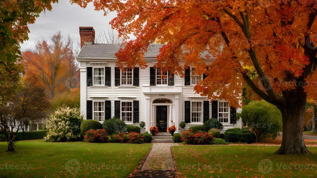 A white house with black shutters and a red maple tree in front.